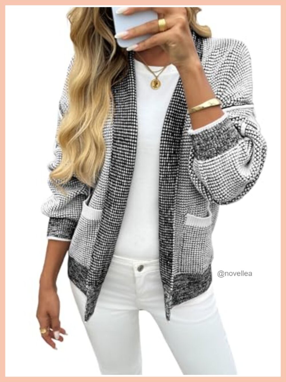 Waffle Knit Open Front Cardigan Sweater with Pockets